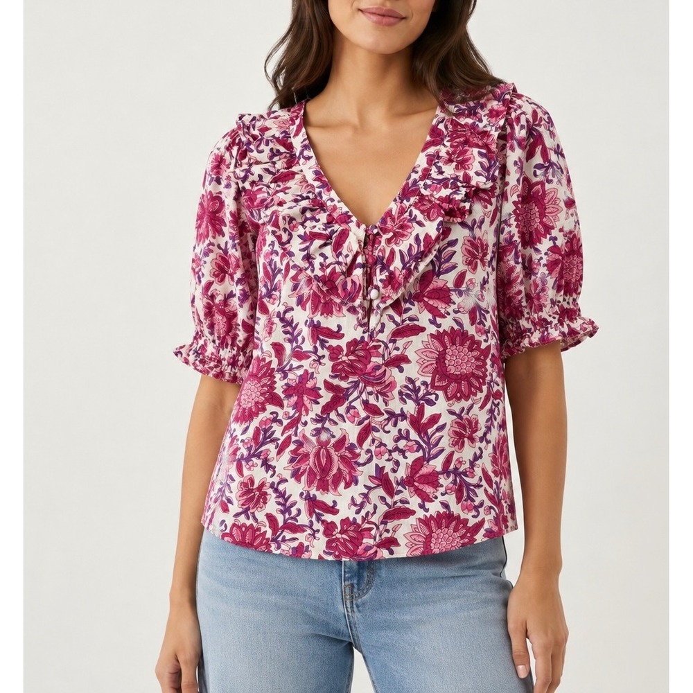 Evereve‎ Top Blouse Floral Ruffle V-Neck Boho Puff Sleeve Pink Cream XS